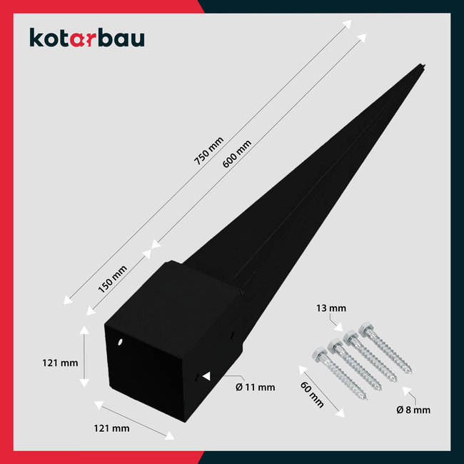 Baza stâlpului înfipt în pământ oțel negru 60x60x750 mm